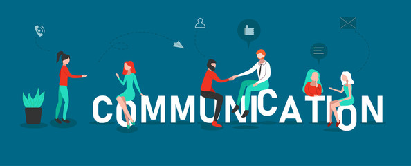 Communication poster with people talking. Flat style design. - 218390709