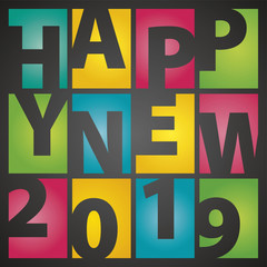 Happy New Year 2019 rectangle color letters black background