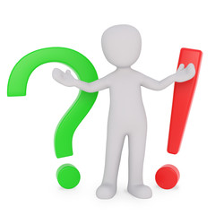 question mark and large exclamation point presenting by man