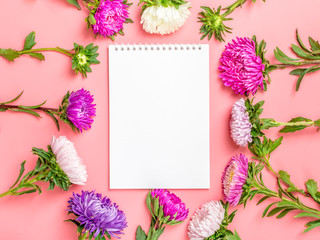 Beautiful Aster Flowers, notepad on pastel pink color background mock up with copy space for your text. Flat lay, top view Concept of spring, summer and autumn