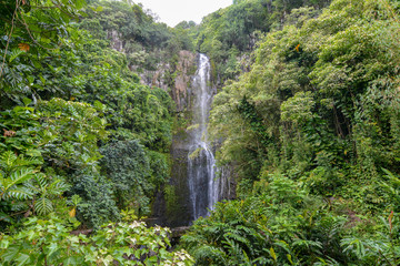 Tall waterfall on the tropical island of Maui, Hawaii.