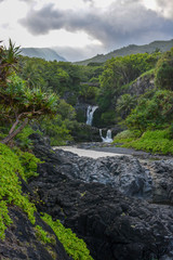 Seven Sacred Pools waterfall on the road to Hana. These waterfalls are located on the tropical island of Maui, Hawaii.