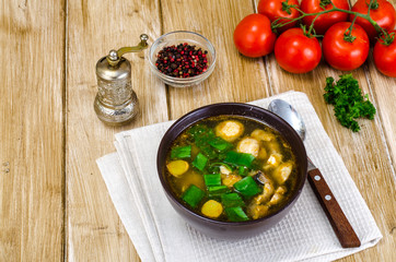 Vegetable broth with champignons and spring onions in brown bowl