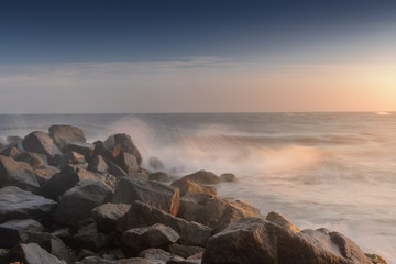 Storm waves of the North Sea in the morning sunlight, Lønstrup, Nordjylland (North Jutland) in Denmark
