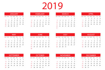 Calendar 2019 year, simple design template, week starts on Sunday