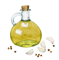Watercolor olive oil bottle, garlic, pepper