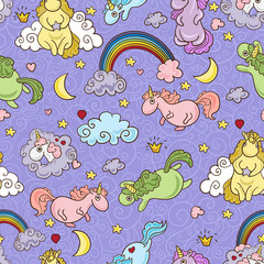 Cute unicorns seamless pattern. Vector illustration. Baby background.