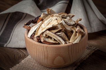 Dried mushrooms in wooden bowl.