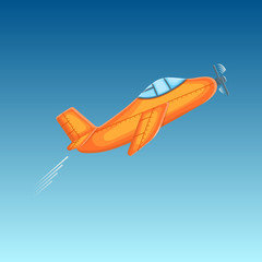 Cute cartoon plane takes off into the blue sky. Good for children's books or for the concept of a startup, packaging, postcard, flyer. Vector illustration.