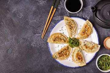 Gyoza or dumplings snack with soy sauce.