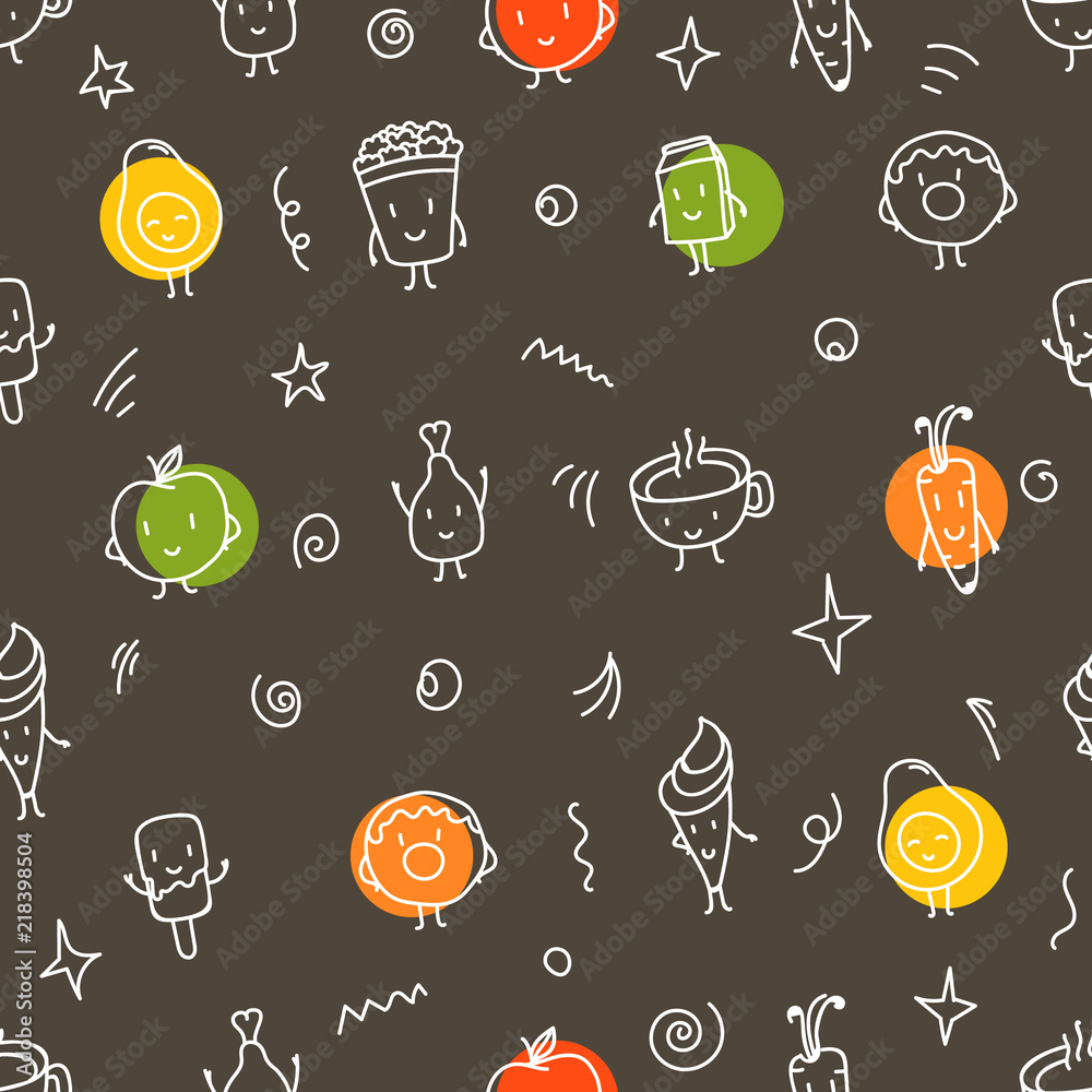 Poster Doodle style color food seamless vector pattern