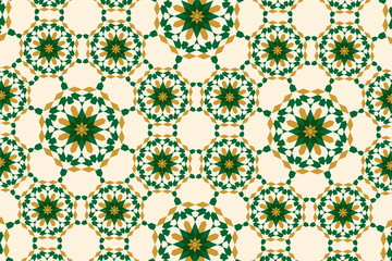 Arabesque in moroccan style with green and gold color for greeting card, invitation, background, and for wallpaper