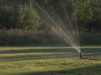 Lawn sprinkler spaying water over green grass.