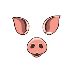 A set of animal face elements. The design of the ear and nose. The pig mask. Vector illustration. Isolated images on white background.