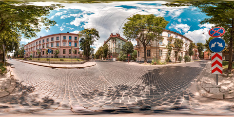 Lviv - summer, 2018: 3D spherical panorama with 360 degree viewing angle. Ready for virtual reality in vr. Full equirectangular projection.  Old town. City center. Buildings with blue sky. Summer.