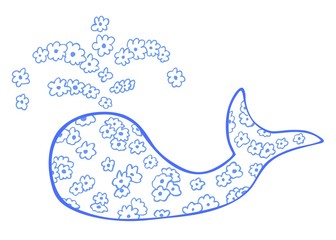 Whale with flower pattern. Vector black illustrations.