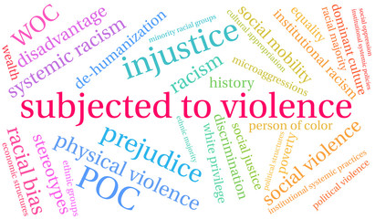 Subjected To Violence due to Racism Word Cloud on a white background. 