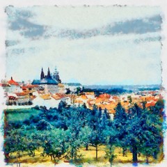 Oil painting. Art print for wall decor. Acrylic artwork. Big size poster. Watercolor drawing. Modern style fine art. Czech Republic. Prague. Wonderful cityscape. Historical medieval part of city.