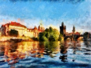 Obraz premium Oil painting. Art print for wall decor. Acrylic artwork. Big size poster. Watercolor drawing. Modern style fine art. Czech Republic. Prague. Wonderful cityscape. Charles Bridge. Historical part.
