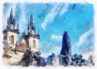 Oil painting. Art print for wall decor. Acrylic artwork. Big size poster. Watercolor drawing. Modern style fine art. Czech Republic. Prague. Wonderful cityscape. Medieval historical Cathedral.
