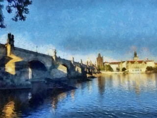 Obraz premium Oil painting. Art print for wall decor. Acrylic artwork. Big size poster. Watercolor drawing. Modern style fine art. Czech Republic. Prague. Wonderful cityscape. Charles Bridge. Historical part.