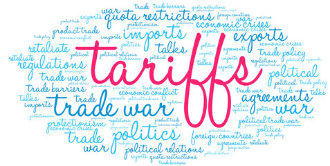 Tariffs Word Cloud on a white background. 