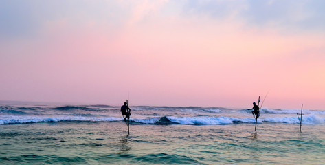 Silhouettes of the traditional stilt fishermen at sunset. Wide photo .