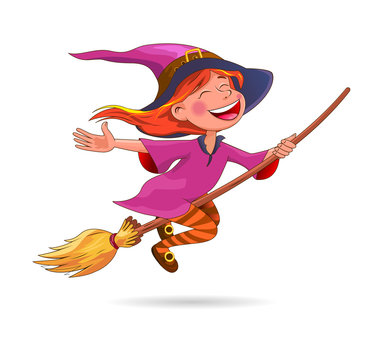 Halloween cute little witch.Witch with a broom on a white background 