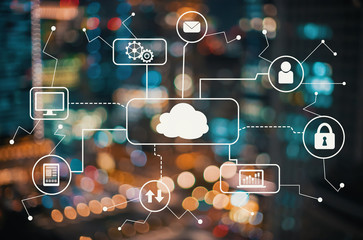 Cloud computing with blurred city abstract lights background
