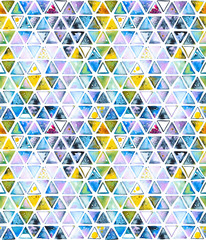 Seamless pattern with abstract geometric triangles. Watercolor spots, shapes, beautiful paint stains like cosmic nebula. Background for parties, holidays, birthdays.
