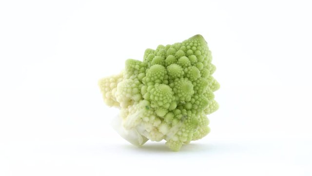 One whole chartreuse color mini romanesco cauliflower. Rotating on the turntable. Isolated on the white background. Close-up. Macro.