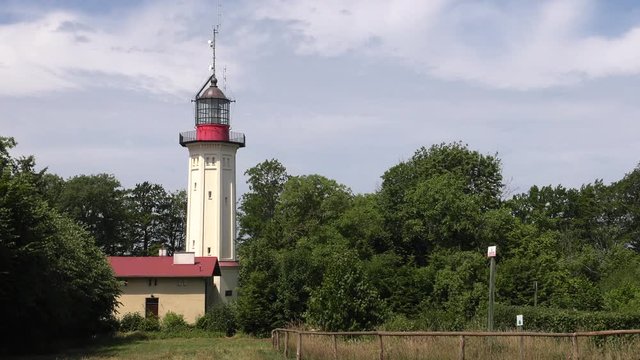 Observation tower. Lighthouse. Blue sky. Antenna,  Panning,Closeup, 