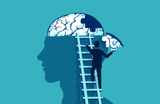 Business man climbing up the stairs reaching human head to add piece of brain puzzle.