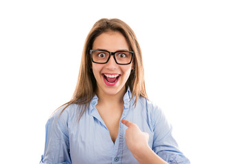 Obraz premium Super excited woman pointing at herself