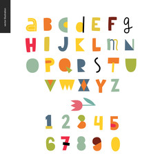 Kids flat alphabet set - Fun latin font - letters and digits