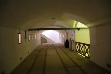 Kalkara, Malta. British Fort Rinella (1879-1884): Rail ways to feed the projectile to the 100-ton cannon of Armstrong