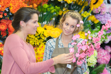 Fototapeta premium piękna dziewczyna wybiera kwiaty w kwiaciarni