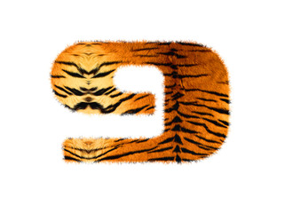 Furry text letter made of tiger skin texture. Character render isolated on white.
