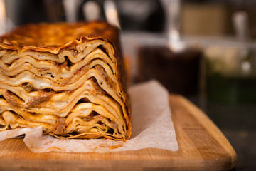 A close-up of the baked Italian dish Timballo.