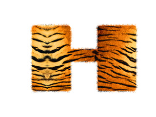 Furry text letter made of tiger skin texture. Character render isolated on white.