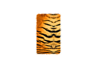 Furry text letter made of tiger skin texture. Character render isolated on white.