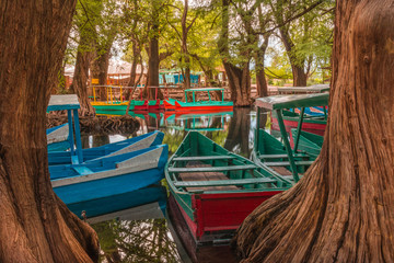 Colorful Canoes at the Camecuaro Lake National Park in Michoacan, Mexico 