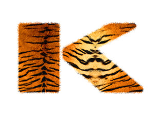 Furry text letter made of tiger skin texture. Character render isolated on white.