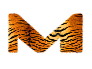 Furry text letter made of tiger skin texture. Character render isolated on white.
