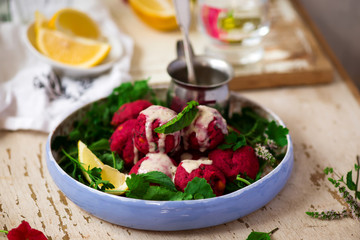  Beet falafel with tahina sauce and green salad