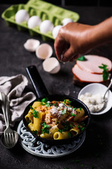 pastrami carbonara in the skillet