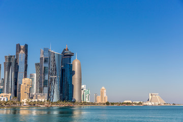 DOHA, QATAR - JAN 8th 2018: The West Bay City skyline as viewed from The Grand Mosque on Jan 8th, 2018 in Doha, Qatar. The West Bay is considered as one of the most prominent districts of Doha