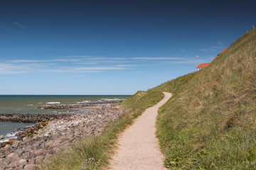 View of the danish beach coastline with green grass dunes during bright daytime and blue sky perfect for summer. Danish Beach, Lokken, Lønstrup in North Jutland in Denmark, Skagerrak, North Sea