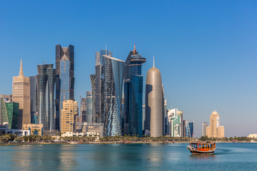 DOHA, QATAR - JAN 8th 2018: The West Bay City skyline as viewed from The Grand Mosque on Jan 8th,...