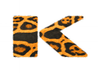 Furry font made of leopard skin texture. Character render isolated on white.